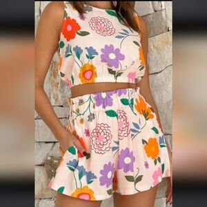 Floral Cropped Tank and Frilly High Waist Shorts